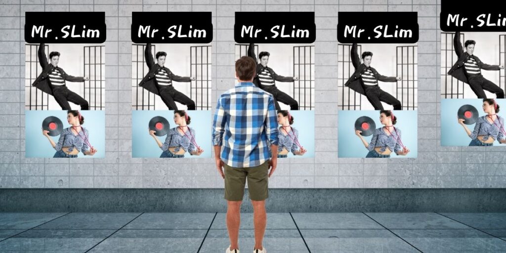 Theater poster

Mr.Slim Company という50's のグリースのような劇団のポスターが、駅の壁に連続で何枚も貼られている。それを立ち止まってじっと見つめる青年の後ろ姿の画像。