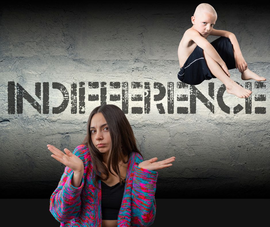 子供を無視する親の画像に

「indifference」の文字。